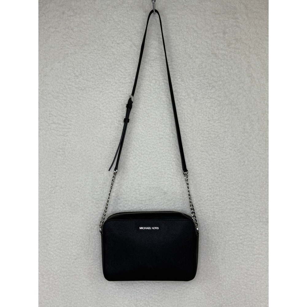 Michael Kors Jet Set East West Crossbody Bag Black Saffiano Leather Silver Chain